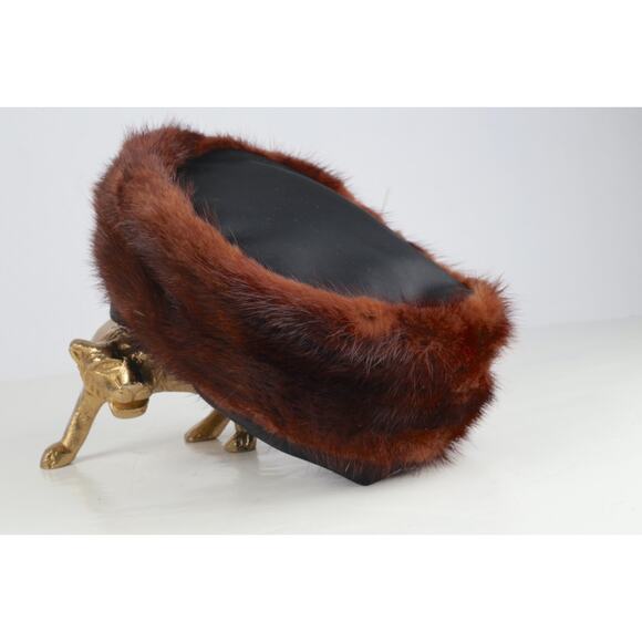 Vintage Brown Mink Fur Pillbox Hat With Black Satin Tims Trendy